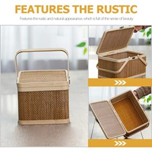 Gadpiparty Large Bamboo Basket Natural -Friendly Woven Basket Bamboo Picnic Basket with Lid Handheld Snacks Bread Storage Basket for Camping - 11.79X7.86X6.48inch