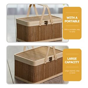 Gadpiparty Large Bamboo Basket Natural -Friendly Woven Basket Bamboo Picnic Basket with Lid Handheld Snacks Bread Storage Basket for Camping - 11.79X7.86X6.48inch