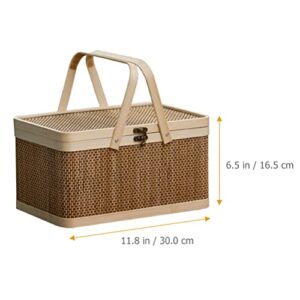 Gadpiparty Large Bamboo Basket Natural -Friendly Woven Basket Bamboo Picnic Basket with Lid Handheld Snacks Bread Storage Basket for Camping - 11.79X7.86X6.48inch