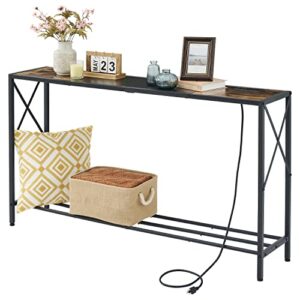 tajsoon 55.1 inch console table with charging station, industrial entryway table, narrow sofa table with shelves, entrance table for entryway, hallway, living room, foyer, office, rustic brown & black