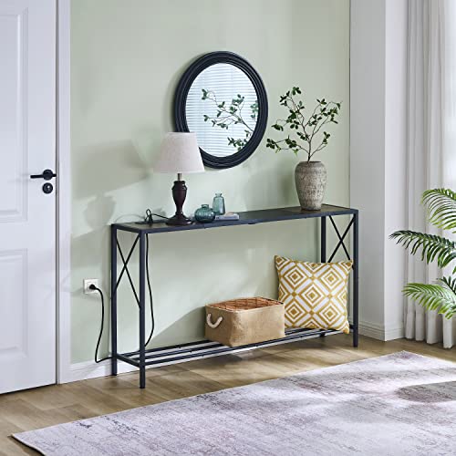 Tajsoon 55.1 Inch Console Table with Charging Station, Industrial entryway Table, Narrow Sofa Table with Shelves, Entrance Table for Entryway, Hallway, Living Room, Foyer, Office, Rustic Brown & Black