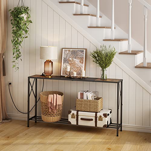 Tajsoon 55.1 Inch Console Table with Charging Station, Industrial entryway Table, Narrow Sofa Table with Shelves, Entrance Table for Entryway, Hallway, Living Room, Foyer, Office, Rustic Brown & Black