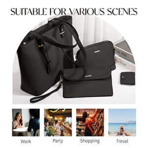 WEETEE Tote Bag For Women, Crossbody Purse + Clutch Wallet + Card Holder + Tote Handbags For Work Travel, Set 4pcs (Black)