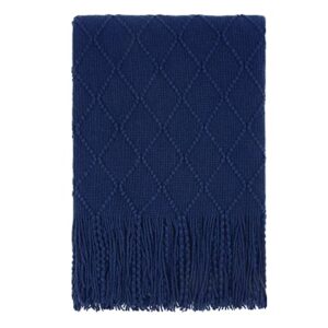 yastouay knitted throw blankets soft cozy knit blanket with tassel lightweight breathable fleece blanket decorative blanket for couch, bed, sofa, travel and farmhouse, 50″x60″, navy blue