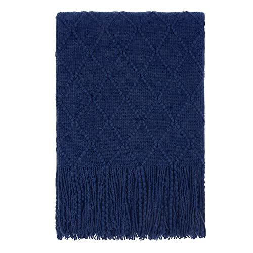 Yastouay Knitted Throw Blankets Soft Cozy Knit Blanket with Tassel Lightweight Breathable Fleece Blanket Decorative Blanket for Couch, Bed, Sofa, Travel and Farmhouse, 50"x60", Navy Blue