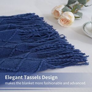 Yastouay Knitted Throw Blankets Soft Cozy Knit Blanket with Tassel Lightweight Breathable Fleece Blanket Decorative Blanket for Couch, Bed, Sofa, Travel and Farmhouse, 50"x60", Navy Blue