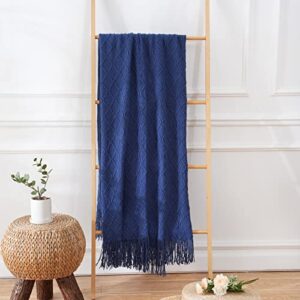 Yastouay Knitted Throw Blankets Soft Cozy Knit Blanket with Tassel Lightweight Breathable Fleece Blanket Decorative Blanket for Couch, Bed, Sofa, Travel and Farmhouse, 50"x60", Navy Blue