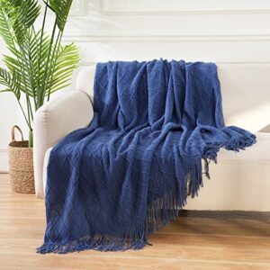 Yastouay Knitted Throw Blankets Soft Cozy Knit Blanket with Tassel Lightweight Breathable Fleece Blanket Decorative Blanket for Couch, Bed, Sofa, Travel and Farmhouse, 50"x60", Navy Blue