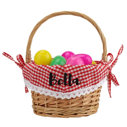 Personalized Name Wicker Easter Basket wIth Handle for Kids Girls Boys Custom Willow Bamboo Easter Basket with Red White Liner Customized Burlap Egg Hunt Tote Rattan