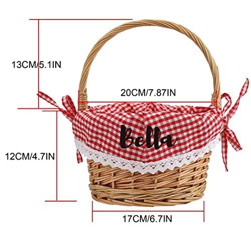 Personalized Name Wicker Easter Basket wIth Handle for Kids Girls Boys Custom Willow Bamboo Easter Basket with Red White Liner Customized Burlap Egg Hunt Tote Rattan