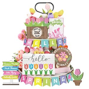 bucherry 23 pieces hello spring tiered tray decor tulips table wooden sign decorations flower market tabletop rustic farmhouse decor for spring holiday party kitchen decoration