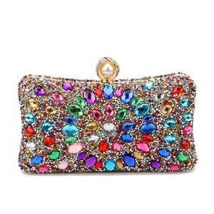 rhinestone women evening clutch pearl purse multicolor crystal wedding ball handbags chain bag (gold mmulti color clutch)