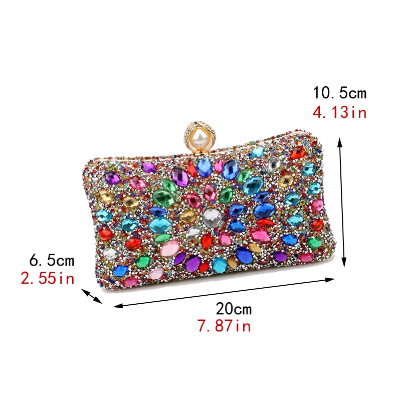 Rhinestone Women Evening Clutch Pearl Purse Multicolor Crystal wedding ball Handbags Chain bag (Gold Mmulti Color Clutch)