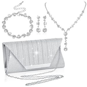 4 pcs bling clutch purse rhinestone jewelry set for women evening bag crystal earrings bridal necklace bracelet accessories for wedding ladies prom party (silver)