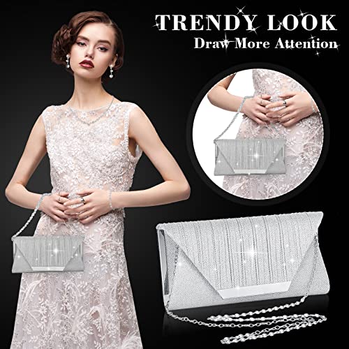 4 Pcs Bling Clutch Purse Rhinestone Jewelry Set for Women Evening Bag Crystal Earrings Bridal Necklace Bracelet Accessories for Wedding Ladies Prom Party (Silver)