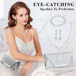 4 Pcs Bling Clutch Purse Rhinestone Jewelry Set for Women Evening Bag Crystal Earrings Bridal Necklace Bracelet Accessories for Wedding Ladies Prom Party (Silver)