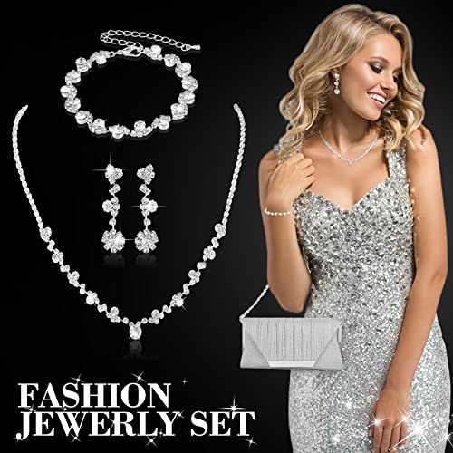 4 Pcs Bling Clutch Purse Rhinestone Jewelry Set for Women Evening Bag Crystal Earrings Bridal Necklace Bracelet Accessories for Wedding Ladies Prom Party (Silver)