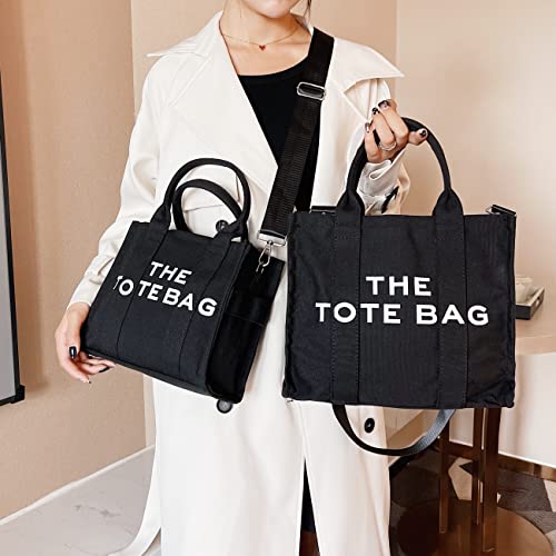 JQAliMOVV Canvas Tote Bag for Women - Mini Travel Tote Bag Purse with Zipper Fashion Shoulder Crossbody Bag Handbag (Black)