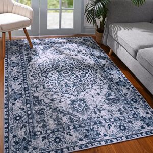 yj.gwl boho area rug 4×6, persian washable bedroom rug, soft oriental distressed accent rugs for living room dining room, non-slip non-shedding low-pile entryway rug floor carpet, blue
