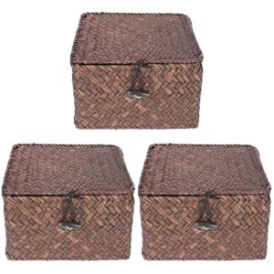 cabilock home storage basket 3 pieces woven basket seagrass wicker basket with lid decorative storage boxes with lids basket with lid rattan storage basket rattan storage basket