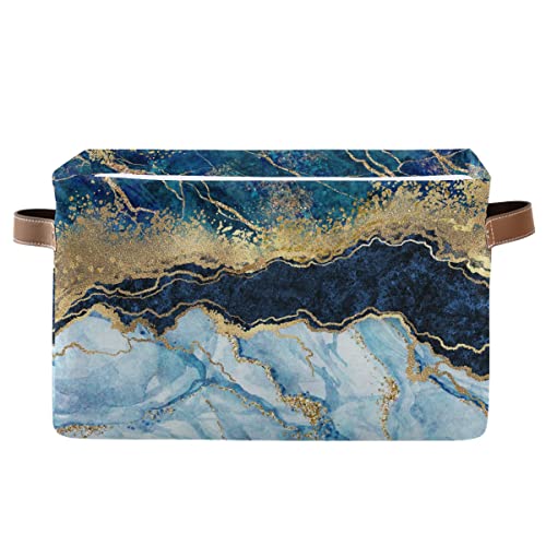 Blue Gold Marble Abstract Modern Square Storage Basket Storage Bins Canvas Storage Organizer Closet Shelf Organizer for Home Office, 2 Pc