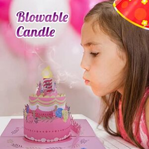 Blowable Candle 3D Birthday Pop Up Card, Musical Birthday Cards with Light, Music and Flower, Pink Cake Card, Blow Out LED Light Candle and Play Happy Birthday Song Greeting Card for Women Wife, Girlfriend, Mom