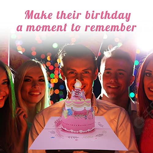 Blowable Candle 3D Birthday Pop Up Card, Musical Birthday Cards with Light, Music and Flower, Pink Cake Card, Blow Out LED Light Candle and Play Happy Birthday Song Greeting Card for Women Wife, Girlfriend, Mom