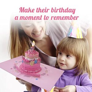 Blowable Candle 3D Birthday Pop Up Card, Musical Birthday Cards with Light, Music and Flower, Pink Cake Card, Blow Out LED Light Candle and Play Happy Birthday Song Greeting Card for Women Wife, Girlfriend, Mom