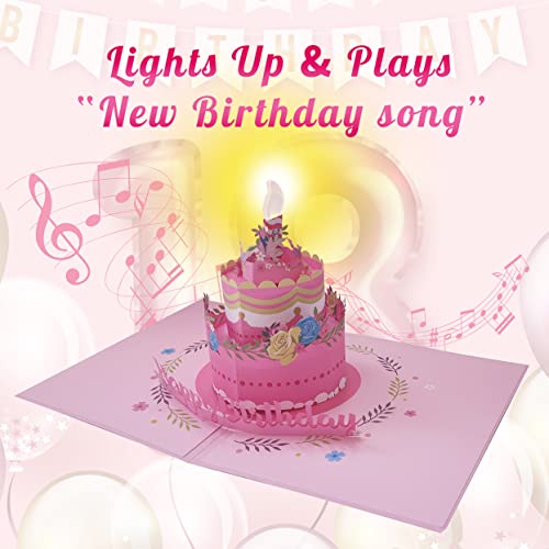 Blowable Candle 3D Birthday Pop Up Card, Musical Birthday Cards with Light, Music and Flower, Pink Cake Card, Blow Out LED Light Candle and Play Happy Birthday Song Greeting Card for Women Wife, Girlfriend, Mom