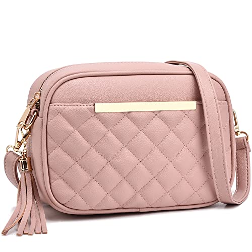 I IHAYNER Cute Little Multiple Pocket Small Crossbody Bag for Women Quilted Shoulder Purse for Teen Girls Lightweight Purse With Tassel Pink