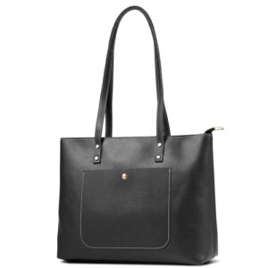 women’s medium black vegan leather tote bag with zipper and pockets waterproof plain shoulder handbag purse for office work travel school