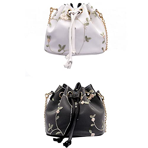 Women Crossbody Bucket Bag Mini Drawstring Shoulder Bags Travel Tote Handbags Casual Purse Satchels with Flower Embroidery