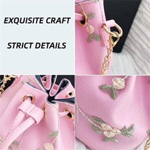 Women Crossbody Bucket Bag Mini Drawstring Shoulder Bags Travel Tote Handbags Casual Purse Satchels with Flower Embroidery