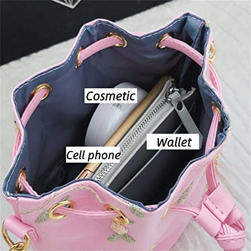 Women Crossbody Bucket Bag Mini Drawstring Shoulder Bags Travel Tote Handbags Casual Purse Satchels with Flower Embroidery