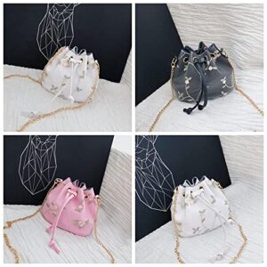 Women Crossbody Bucket Bag Mini Drawstring Shoulder Bags Travel Tote Handbags Casual Purse Satchels with Flower Embroidery