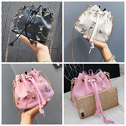 Women Crossbody Bucket Bag Mini Drawstring Shoulder Bags Travel Tote Handbags Casual Purse Satchels with Flower Embroidery