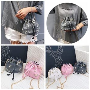 Women Crossbody Bucket Bag Mini Drawstring Shoulder Bags Travel Tote Handbags Casual Purse Satchels with Flower Embroidery