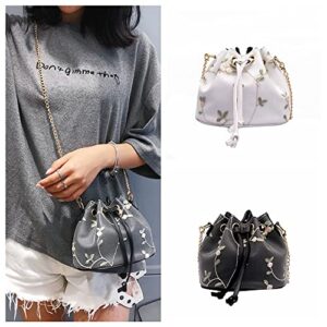 Women Crossbody Bucket Bag Mini Drawstring Shoulder Bags Travel Tote Handbags Casual Purse Satchels with Flower Embroidery