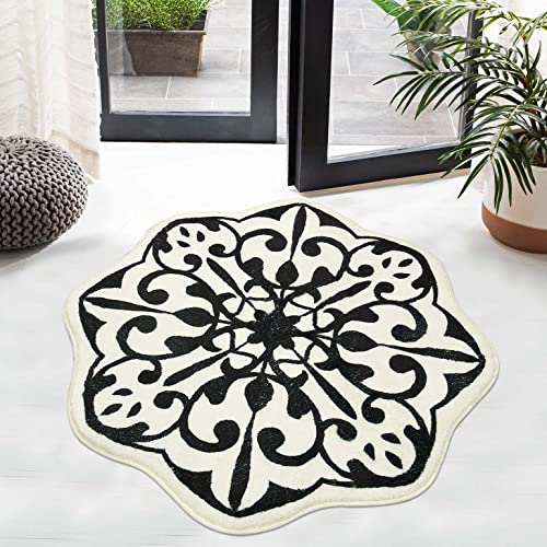 Uphome Snowflake Shaped Boho Rug 3ft Diameter Black Vintage Entryway Rug Cute Non Slip Machine Washable Bathroom Rugs Soft Velvet Floral Aesthetic Throw Rug for Living Room Bedroom Nursery