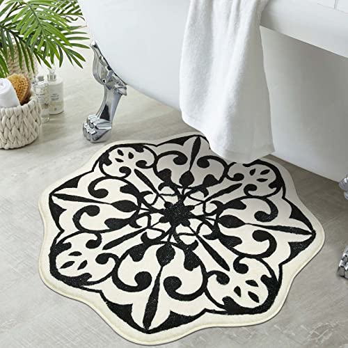 Uphome Snowflake Shaped Boho Rug 3ft Diameter Black Vintage Entryway Rug Cute Non Slip Machine Washable Bathroom Rugs Soft Velvet Floral Aesthetic Throw Rug for Living Room Bedroom Nursery