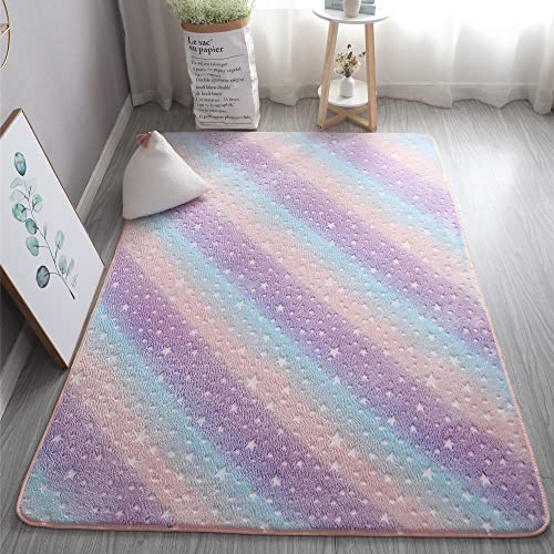 Gefosin Luminous Area Rug Glow in The Dark for Bedroom Living Room, Unique Soft Washable Modern Indoor Rugs for Children Dorm Home Decor, Rainbow Stars 3.3x5.2 Feet