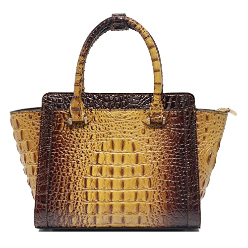 Chinllo Classy Crocodile Pattern Top-Handle Bag Roomy Satchel Shoulder Bag With Detachable Long Strap (Brown)