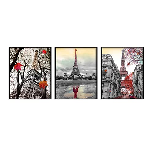 UKZMN 3 Pieces Paris Wall Art Prints, black and white Eiffel Tower Romantic Paris Theme Room Art Poster Decor for Girls Living Room Bedroom Bathroom Kitchen Office Decor, （12 x 16 Inch Unframed）