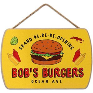 open road brands bob’s burgers grand re-re-reopening hanging wood wall decor – funny bob’s burgers sign for bedroom or movie room