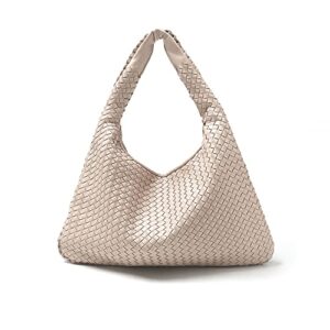 women’s leather woven tote handbag,handmade large capacity shoulder bags travel bag shopper bag hobo bag (apricot)