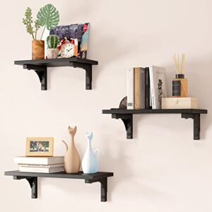 ezfurni floating shelves wood for wall,set of 3 rustic floating shelves for storage,wider shelving wall mounted for kitchen, bedroom, bathroom,black