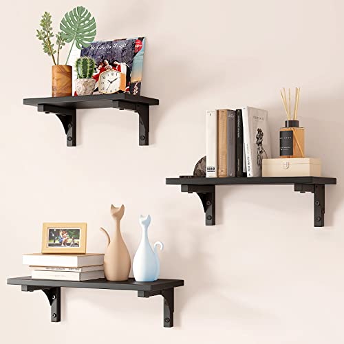 EZFurni Floating Shelves Wood for Wall,Set of 3 Rustic Floating Shelves for Storage,Wider Shelving Wall Mounted for Kitchen, Bedroom, Bathroom,Black