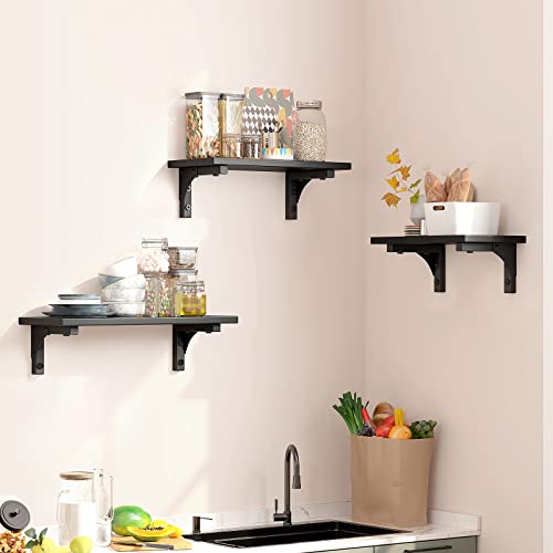 EZFurni Floating Shelves Wood for Wall,Set of 3 Rustic Floating Shelves for Storage,Wider Shelving Wall Mounted for Kitchen, Bedroom, Bathroom,Black