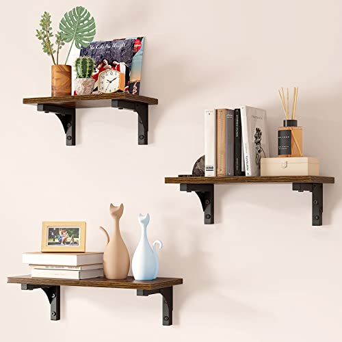 EZFurni Floating Shelves Wood for Wall,Set of 3 Rustic Floating Shelves for Storage,Wider Shelving Wall Mounted for Kitchen, Bedroom, Bathroom,Brown