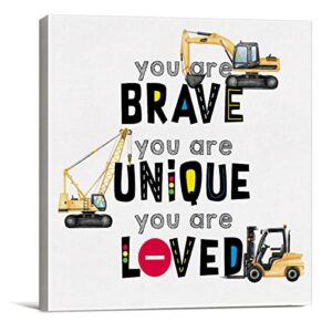 inspirational construction nursery sign wall art prints canvas painting construction truck transportation you are brave unique loved print home boys bedroom decor 8″ x 8″